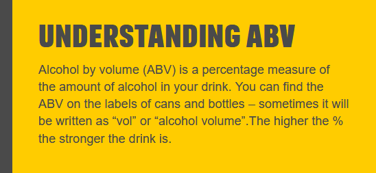 Understanding ABV - Alcohol by volume (ABV) is a percentage measure of the amount of alcohol in your drink. The higher the percentage the stronger the drink is.